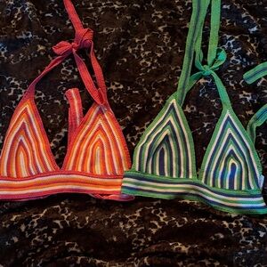 Almost Famous Green and Blue Striped crochet 🧶 Tops